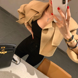 Temperament Lapel Woolen Coat Womens Short Woolen Coat Khaki Onesize