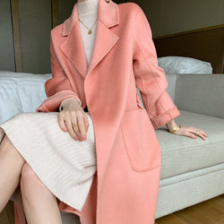 Long Lace-up Waist Woolen Woolen Coat