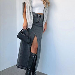 Clothing High Waist Slit Design Denim Skirt